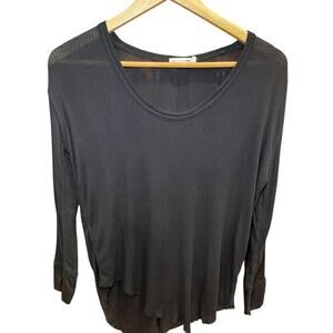Rag & Bone Women Small Longsleeve Sheer Scoop Neck Textured‎ Raw Hem Black Top